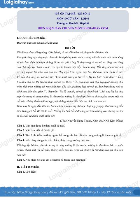 Đề ôn hè Văn 6 lên 7 có lời giải chi tiết - Đề 10